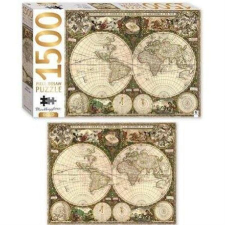 Intricate 1500-piece jigsaw puzzle of a vintage world map with elegant gold highlights, ideal for enthusiasts and collectors.