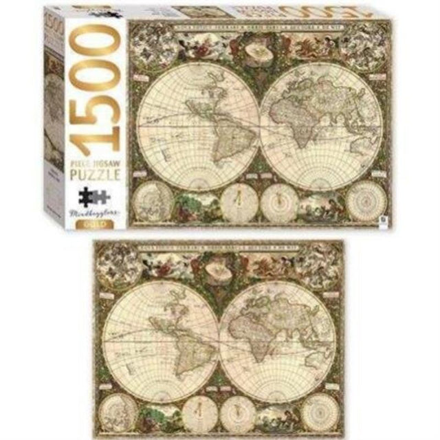 Intricate 1500-piece jigsaw puzzle of a vintage world map with elegant gold highlights, ideal for enthusiasts and collectors.