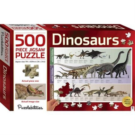 Colorful 500-piece jigsaw puzzle featuring illustrated dinosaurs, promoting education and family fun for ages 5 and up.