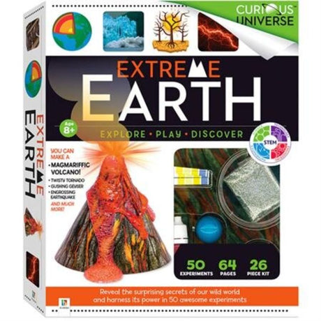 Science Extreme Earth Kit featuring experiments on lightning, volcanoes, and tornadoes with a 64-page guide for ages 8+.