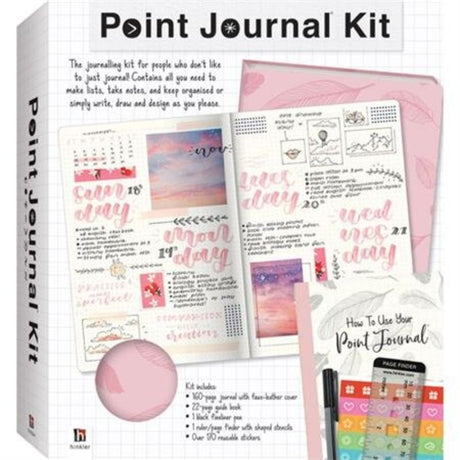 Point Journal Kit featuring premium dotted pages, debossed cover, ribbon marker, and elastic band for creative journaling.