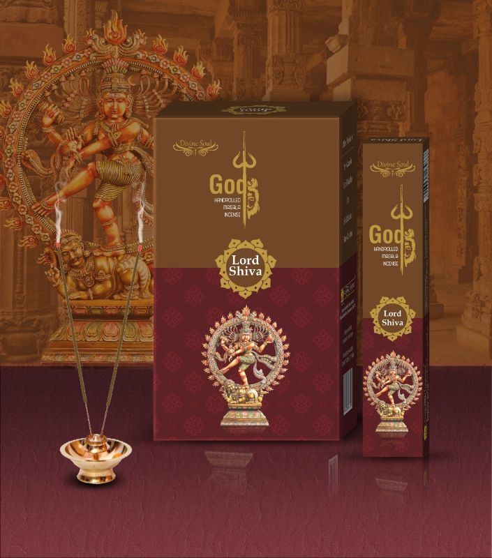 A 12-pack of Divine Soul Lord Shiva Incense, hand-rolled with natural ingredients for meditation and relaxation.