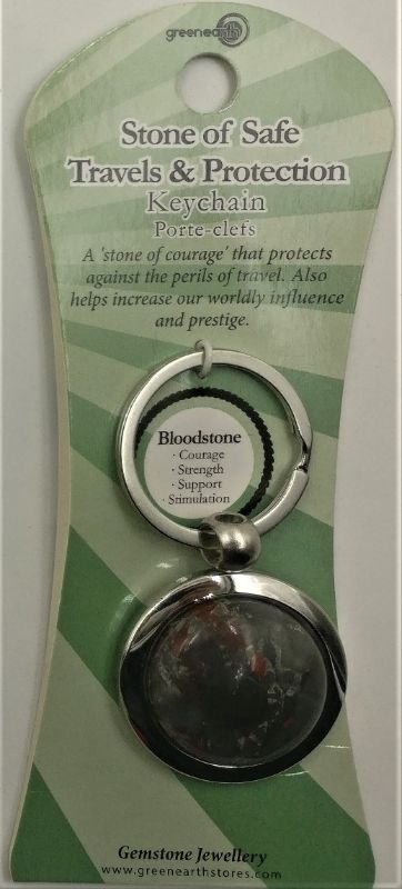 Set of 6 polished bloodstone keyrings with rich hues, promoting style and emotional balance in a gift-ready display card.