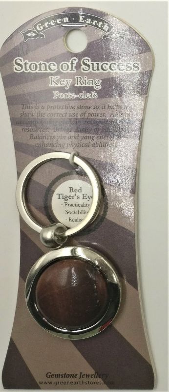 Set of 6 Red Tiger Eye crystal keyrings on display card, showcasing unique reddish-brown hues and elegant design.