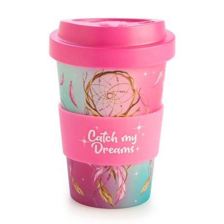 Eco-friendly bamboo cup with dreamcatcher design and pink lid, 470ml capacity for sustainable on-the-go sipping.