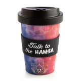 Eco-friendly bamboo cup with Hamsa design, 470ml capacity, anti-spill lid, and silicone grip for travel convenience.