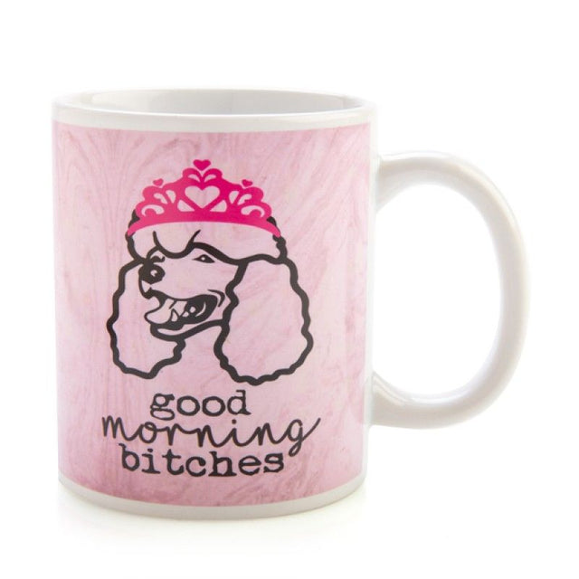 Sassy ceramic mug featuring a tiara-wearing poodle and "Good Morning B*tches!" for a bold morning statement.