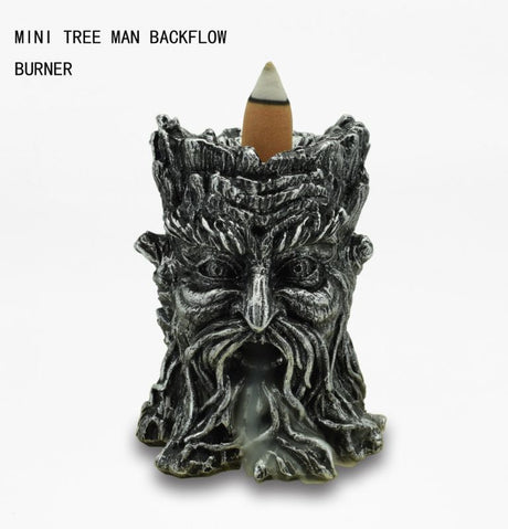 "Mini Tree Man backflow incense burner, 8.5cm tall, with intricate details for serene smoke cascades and calming ambiance."