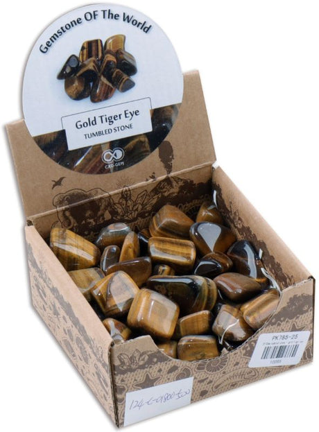 Tumbled Gold Tiger Eye stones (20-30mm) in a 0.5kg box, showcasing golden-brown chatoyancy for decor and crystal healing.