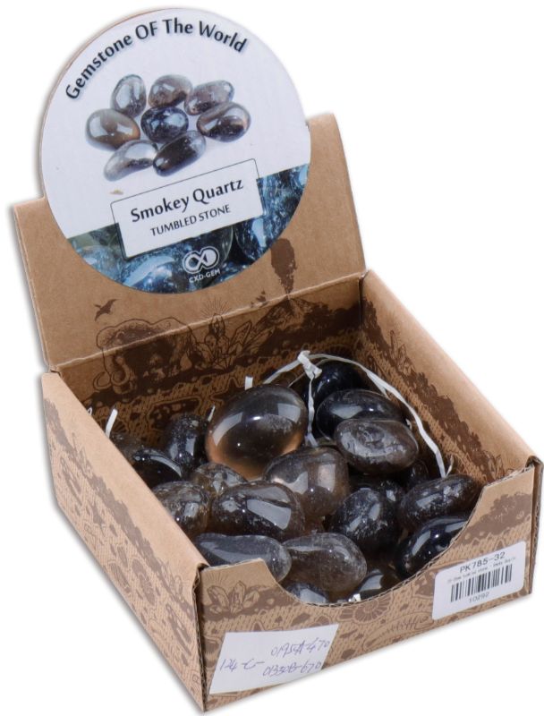 Polished smoke quartz stones in earthy tones, ideal for home decor, meditation, and crystal healing, packaged in a 0.5kg box.