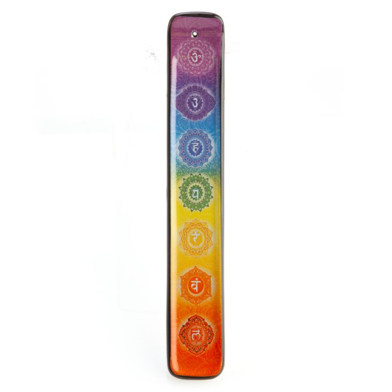 Colorful ceramic incense burner featuring the seven chakra symbols, measuring 26.5 cm for a calming atmosphere.