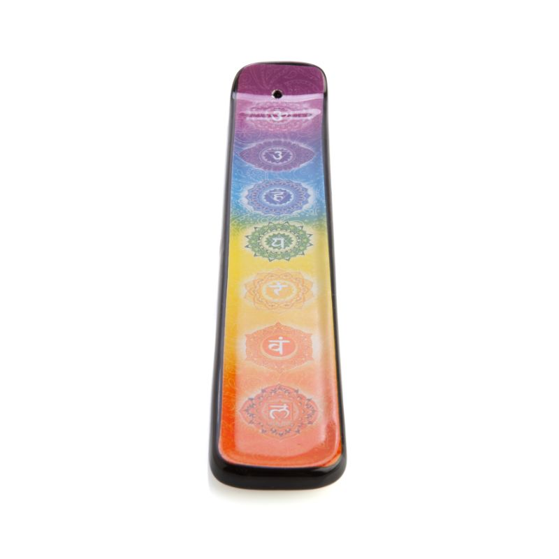 Vibrant ceramic incense burner with seven chakra symbols, measuring 26.5cm, perfect for enhancing meditation spaces.