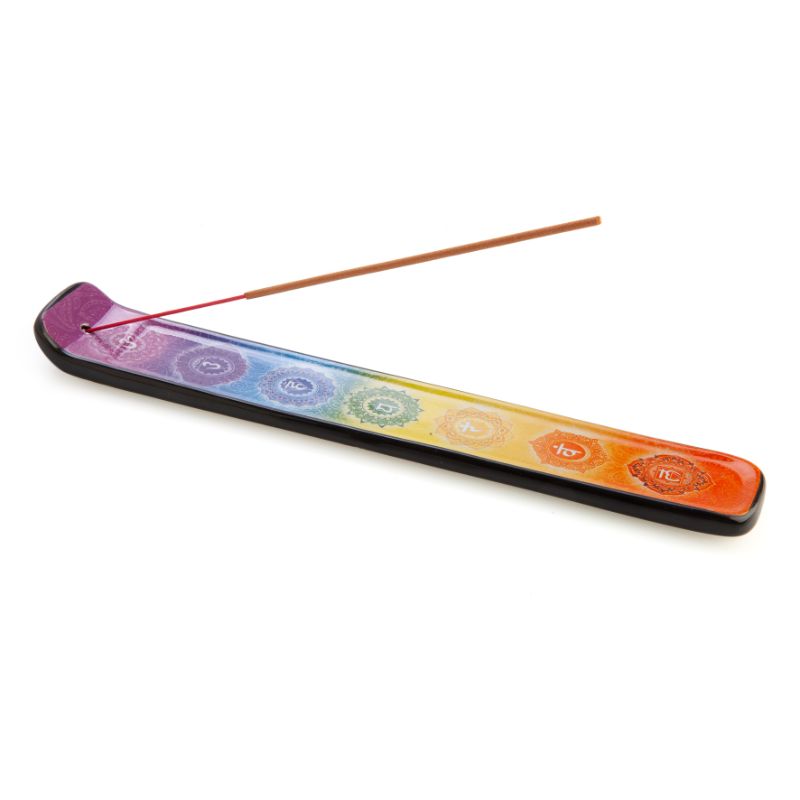 Vibrant ceramic incense burner showcasing the seven chakra symbols, perfect for mindfulness and meditation practices.