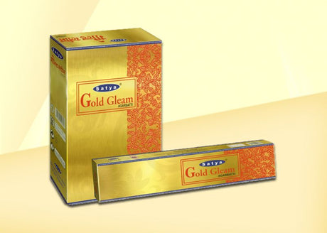 Sathya Nag Gold Gleam incense sticks in a 12-pack, offering soothing fragrance for meditation and relaxation.