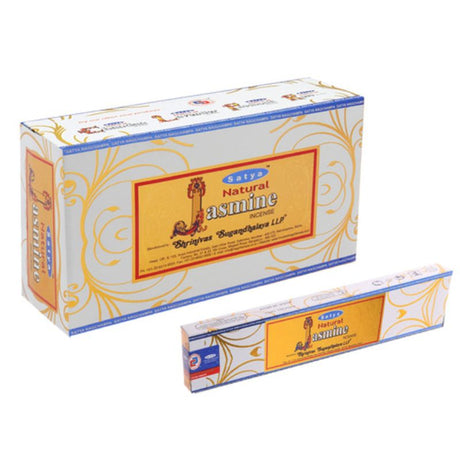 Sathya Nag Jasmine Incense 12-pack, 15g box, hand-rolled with soothing jasmine fragrance for relaxation and meditation.