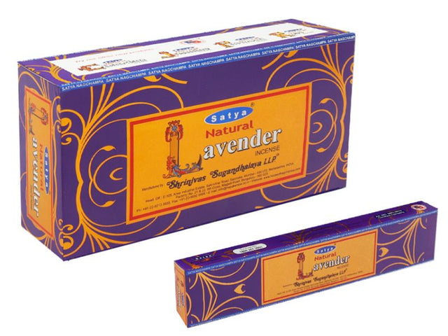 Sathya Nag Lavender Incense sticks, 15G in each of 12 packets, perfect for meditation and relaxation with soothing fragrance.