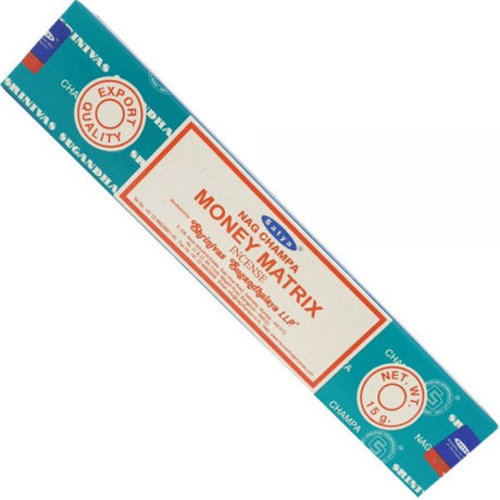 Sathya Nag MONEY MATRIX incense set, 12 packets, promotes prosperity and tranquility for meditation and spiritual practices.