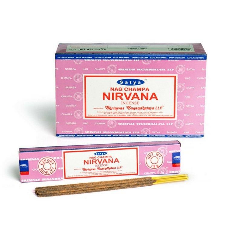 Sathya Nag NIRVANA incense 12-pack, 15G each, promotes relaxation with a rich, aromatic blend for meditation and tranquility.