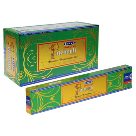 Sathya Nag PATCHOULI incense pack featuring 12 earthy-scented packets for meditation and relaxation.