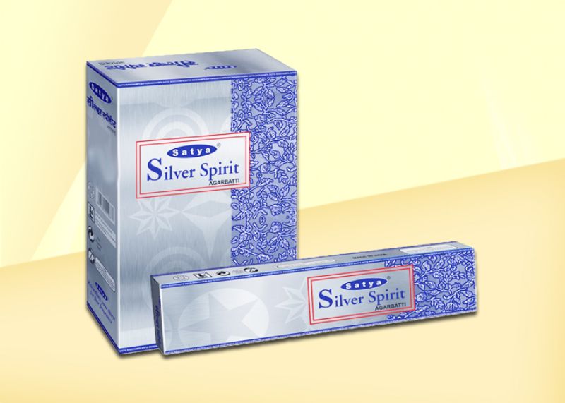 A box of 12 packets of Sathya Nag SILVER SPIRIT Incense, ideal for relaxation, meditation, and creating a calming atmosphere.