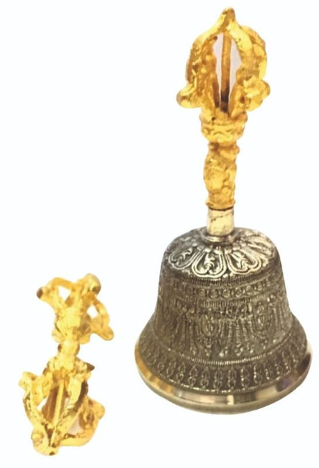 Tibetan bell with Dorje, 14cm high, enhancing meditation with resonant sound and spiritual symbolism for mindfulness practices.