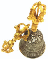 Tibetan bell with Dorje, 14cm tall, enhances meditation with resonant sound and spiritual symbolism for mindfulness practices.