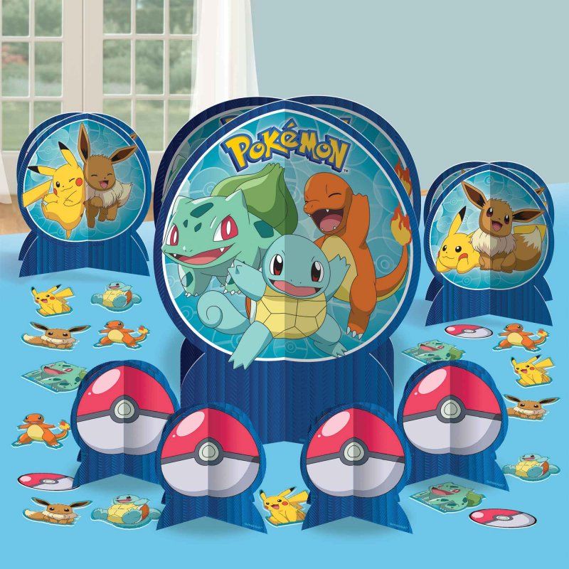 Colorful Pokémon-themed table centerpiece kit featuring multiple sizes and fun confetti, perfect for celebrations.