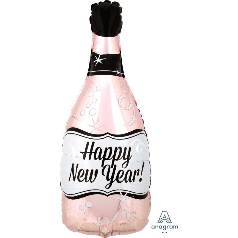 Self-sealing foil balloon in honey rose gold bubbly bottle shape, perfect for glamorous celebrations and parties.