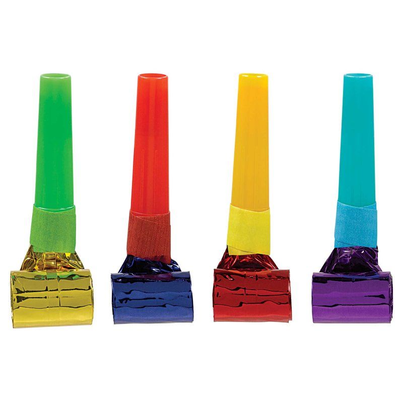 Colorful 14cm party blowouts in assorted rainbow colors, perfect for birthdays and festive gatherings, pack of 8.