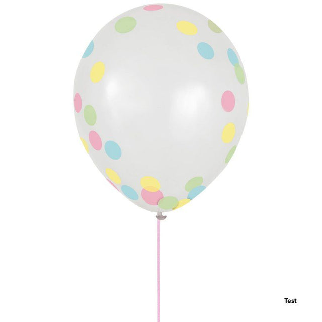 Latex balloons in pretty pastel colors with confetti, perfect for festive events like birthdays and baby showers. Pack of 6, 30cm.