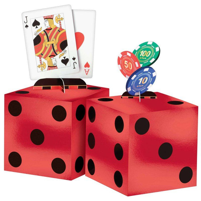 "Four-piece casino-themed centerpiece kit with varying heights for vibrant table decor at parties and events."