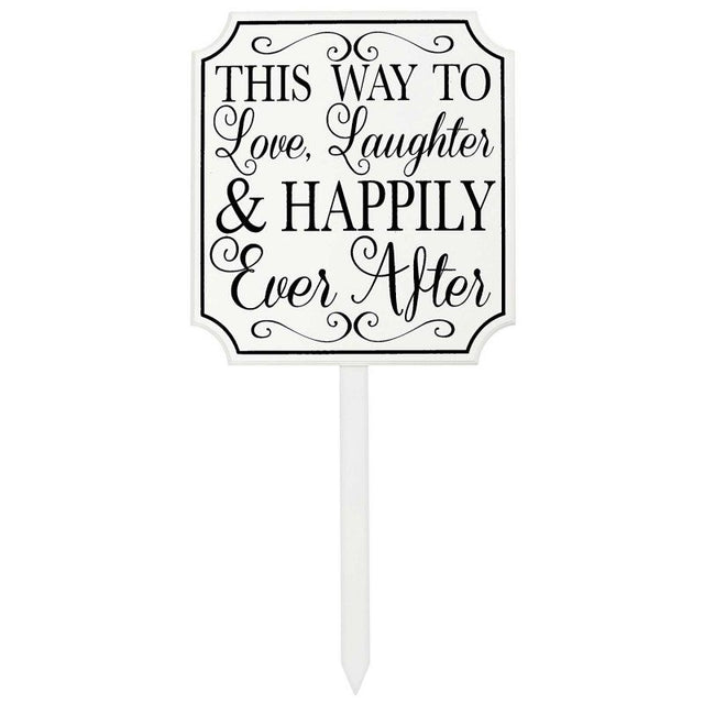 Wedding lawn sign directing guests to "Happily Ever After," crafted from durable MDF, perfect for romantic outdoor settings.