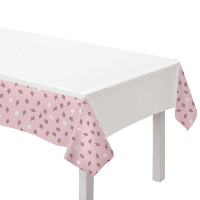 Blush Birthday Plastic Tablecover (259cm) adds color and style, ideal for parties with its waterproof and easy-to-clean design.