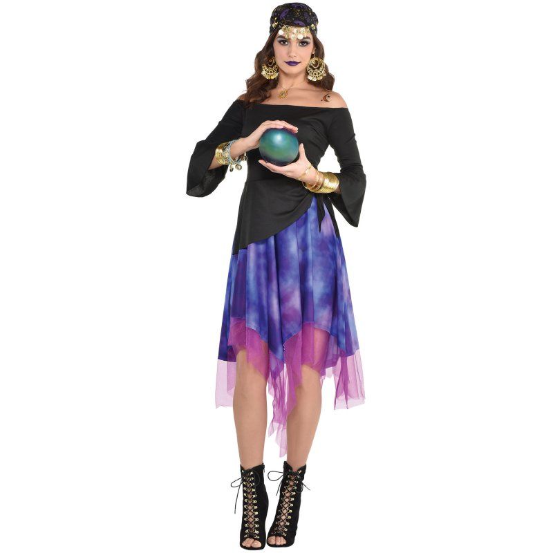 High-low hemline fortune teller dress for adults, featuring mystical design, perfect for Halloween and themed events.