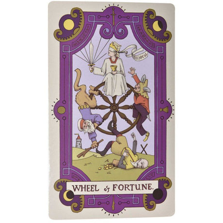 Light purple and metallic gold tarot cards featuring Major Arcana illustrations, perfect for mystical party decor. Pack of 9.