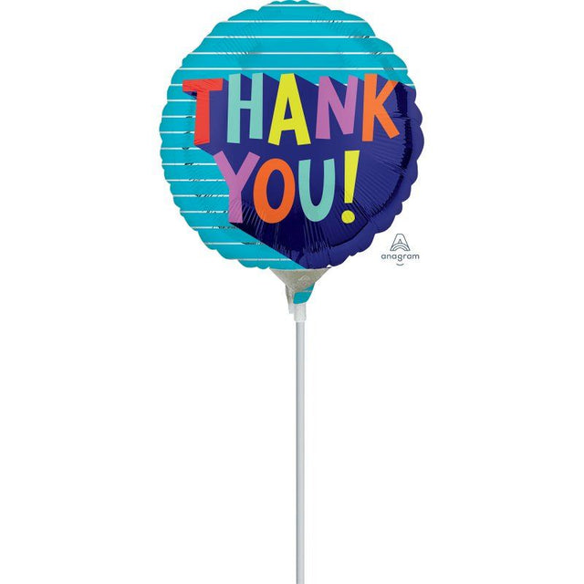 Brightly colored 9in foil balloon featuring a fun "Thank You" design, perfect for celebrations and expressing gratitude.