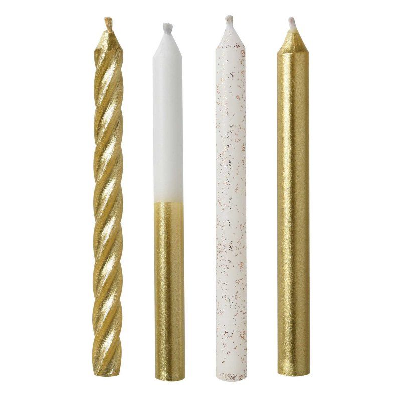 Metallic gold candles, 8cm tall, pack of 12; perfect for adding elegance to cakes and festive decorations.