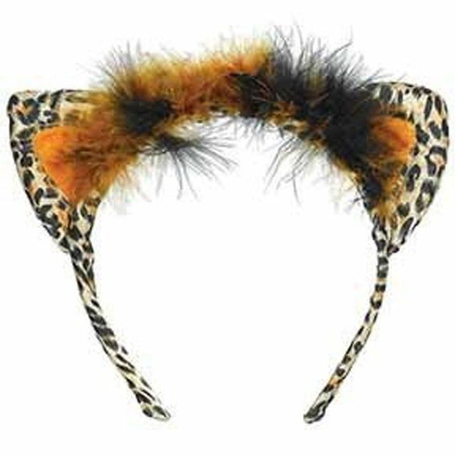 Leopard print headband with faux feather cat ears, perfect for costume parties and adding whimsy to outfits.