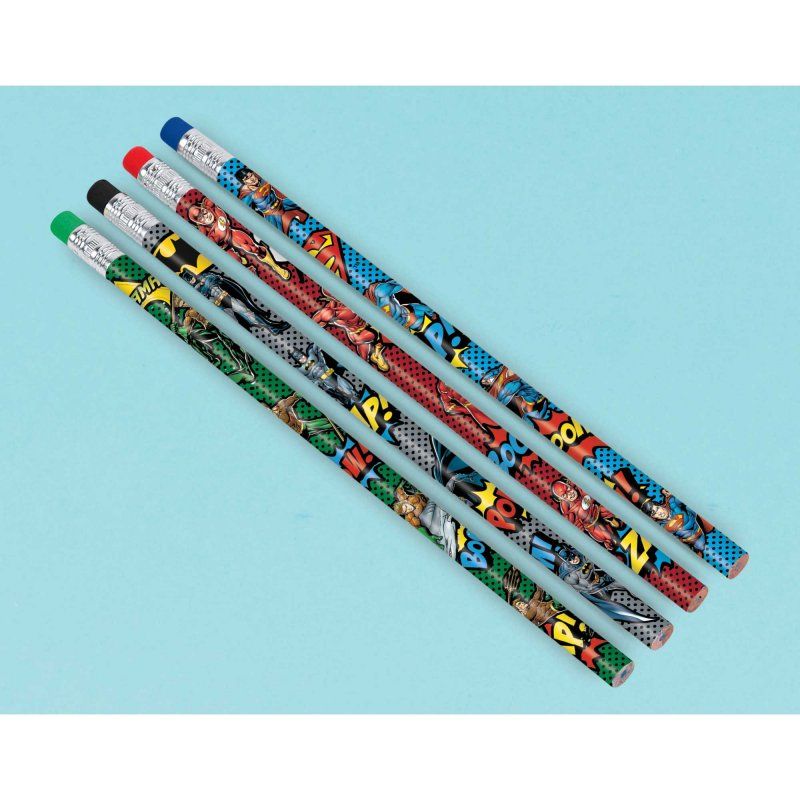 Vibrant Justice League pencils featuring iconic heroes, perfect for party favors and encouraging creativity among children.