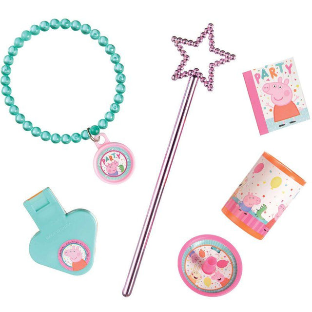 Peppa Pig party favor pack with 48 items: whistles, viewers, mini tops, bracelets, wands, and notebooks for festive celebrations.