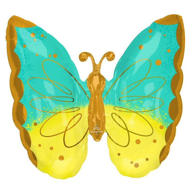 Supershape XL mint and yellow butterfly foil balloon, 63cm, perfect for vibrant celebrations and lasting helium retention.