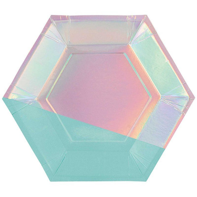 Iridescent hexagonal plates (9in) in a pack of 8, perfect for elegant celebrations and stylish table settings.