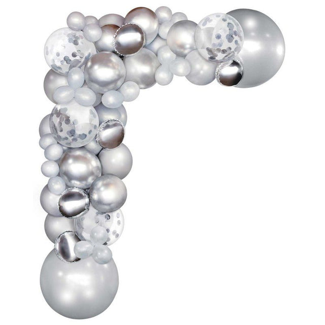 Silver balloon garland kit featuring 70 assorted balloons, perfect for creating elegant party backdrops at any celebration.