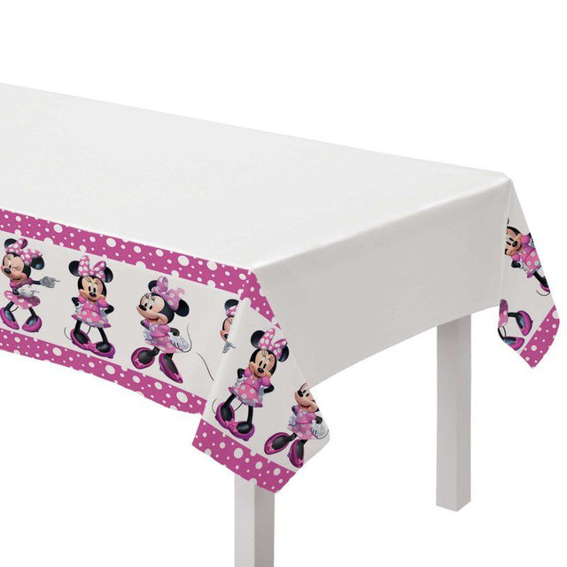 Plastic tablecover featuring Minnie Mouse, 137cm x 243cm, perfect for parties and easy clean-up.