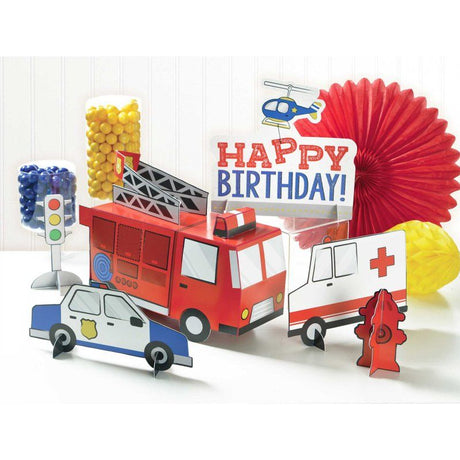 Colorful cardboard centerpieces honoring first responders, available in sizes 27cm, 19cm, and 13cm for festive table decor.