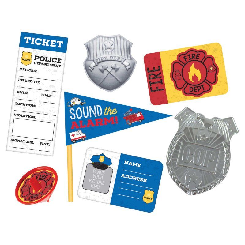 A vibrant assortment of 48 first responder-themed party favors, including flags, badges, mini tops, notepads, ID cards, and tickets.