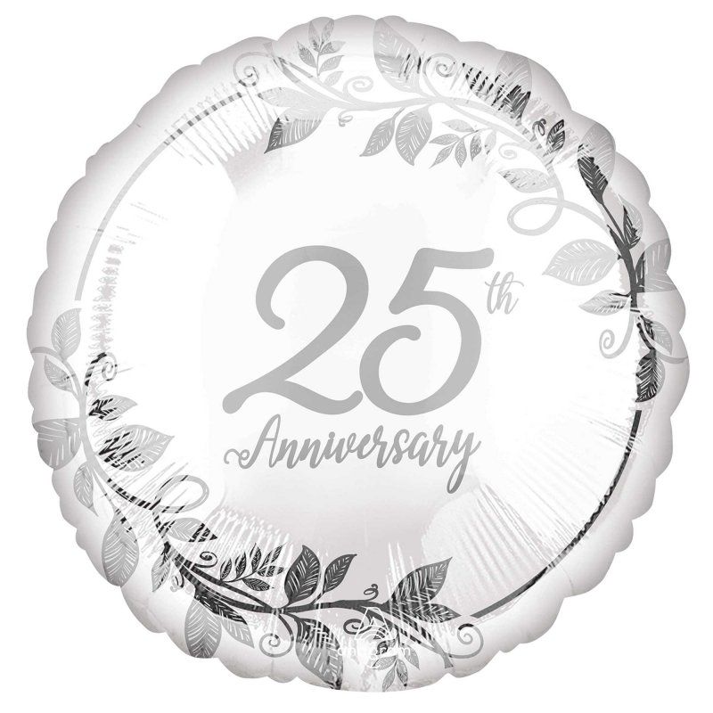 Vibrant 45cm foil balloon celebrating 25th anniversary with 'Happy 25th Anniversary' message, perfect for decorative celebrations.