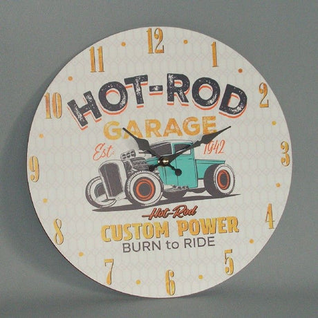 Classic hot rod wall clock, 34cm, blends vintage design and modern craftsmanship for car enthusiasts.