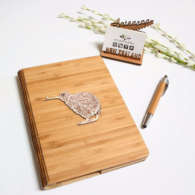 Kiwana Printed Bamboo Journal featuring a kiwi and bee design, eco-friendly, A5 replaceable internal journal.