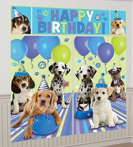 Vibrant Puppy Party Scene Setter Kit with 5 reusable vinyl pieces for festive indoor/outdoor birthday decorations.
